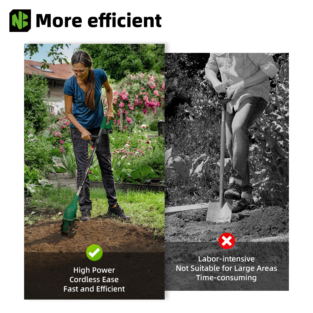 Comparison of manual digging with a power tool in a garden setting.