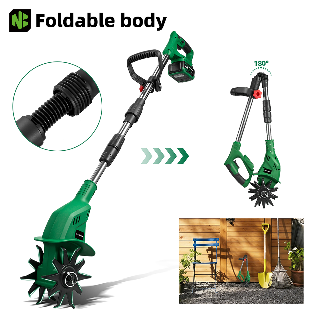 Newbeny Cordless Garden Tiller with foldable body feature, showing close-up and usage in garden setting.
