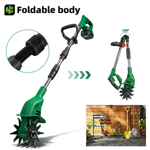 Newbeny Cordless Garden Tiller with foldable body feature, showing close-up and usage in garden setting.