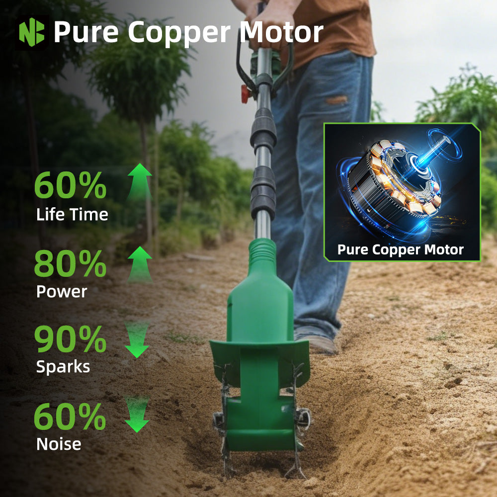 6 Inch Cordless Garden Tiller with a person using it, highlighting features like pure copper motor, life time, power, sparks, and noise.