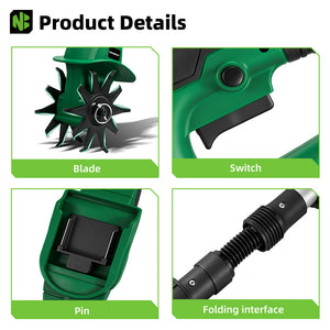 Product details of a NewBeny Cordless Garden Tiller with labeled parts including blade, switch, pin, and folding interface.