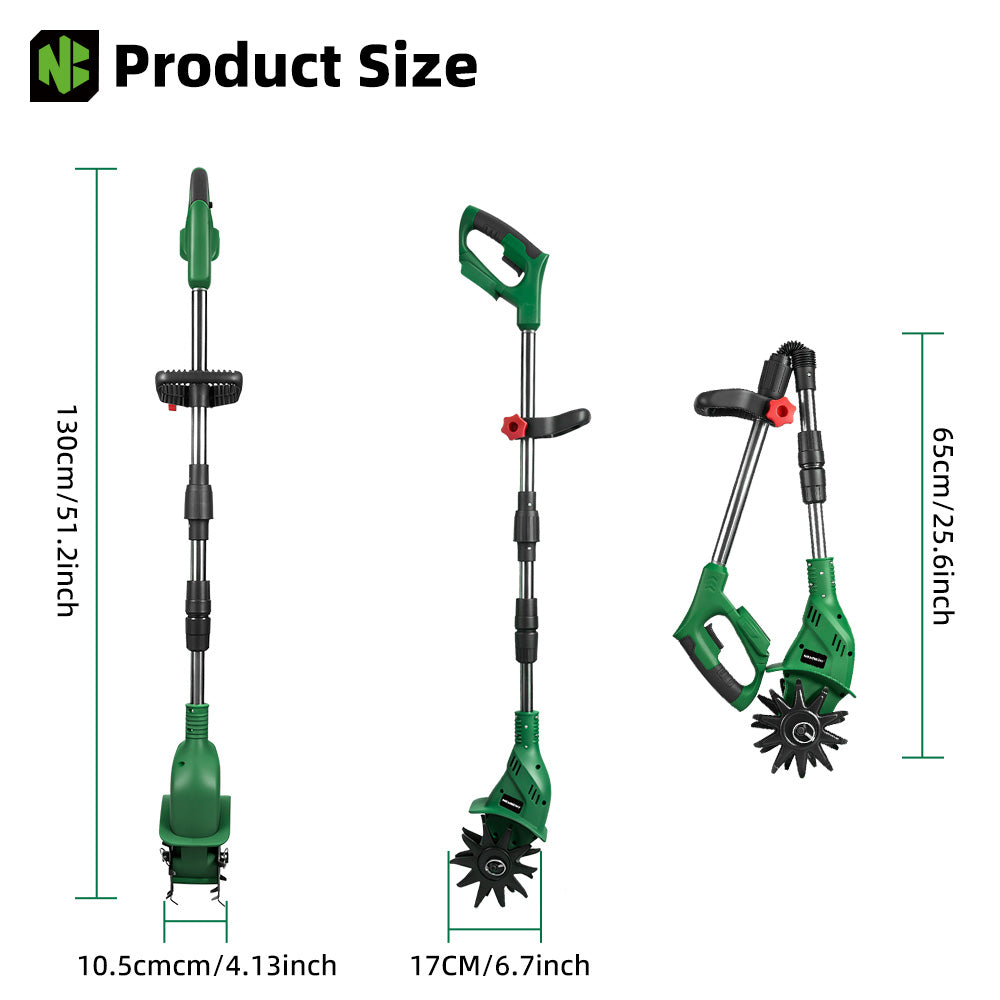 6 Inch Cordless Garden Tiller with adjustable extensions and measurement details on a white background