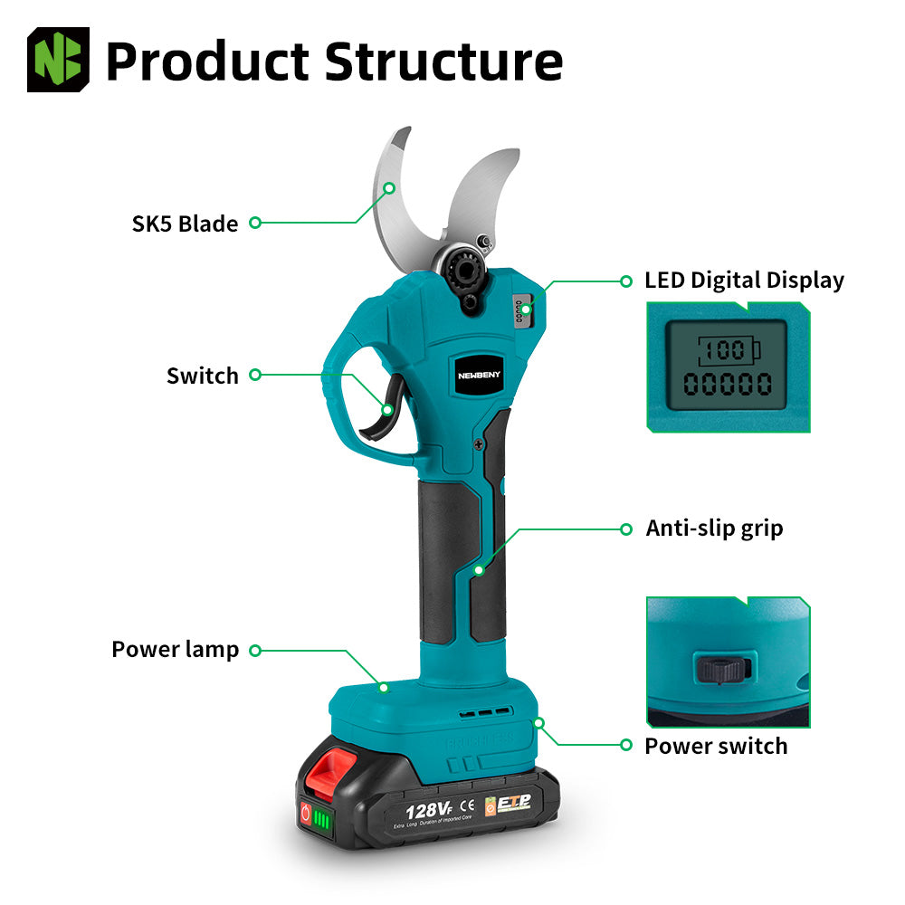 NewBeny 45mm Brushless Electric Pruning Shears 2 Gears with Led Display