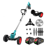 Newbeny 6 inch weed trimmer set with trimmer, attachments, and batteries on a white background