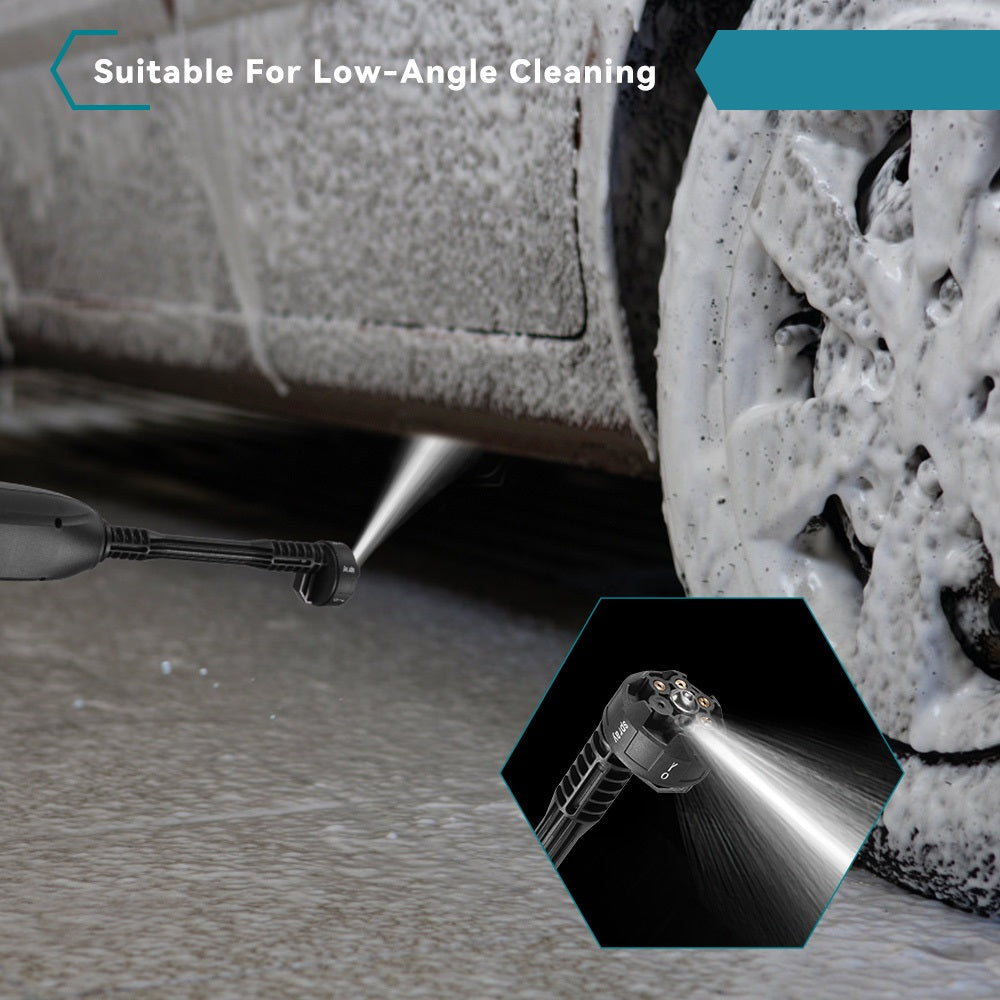 Car wash brush with low-angle cleaning feature shown on a car tire.