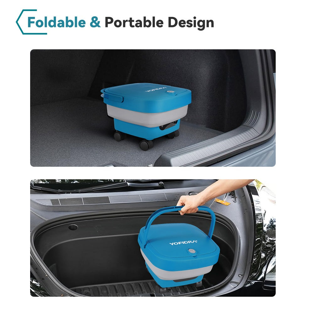 Blue and gray portable container being used in a car trunk with text 'Foldable & Portable Design'.