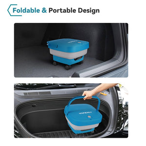 Blue and gray portable container being used in a car trunk with text 'Foldable & Portable Design'.