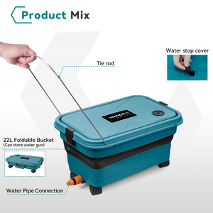 Blue foldable bucket with tie rod, water stop cover, and water pipe connection on a white background.