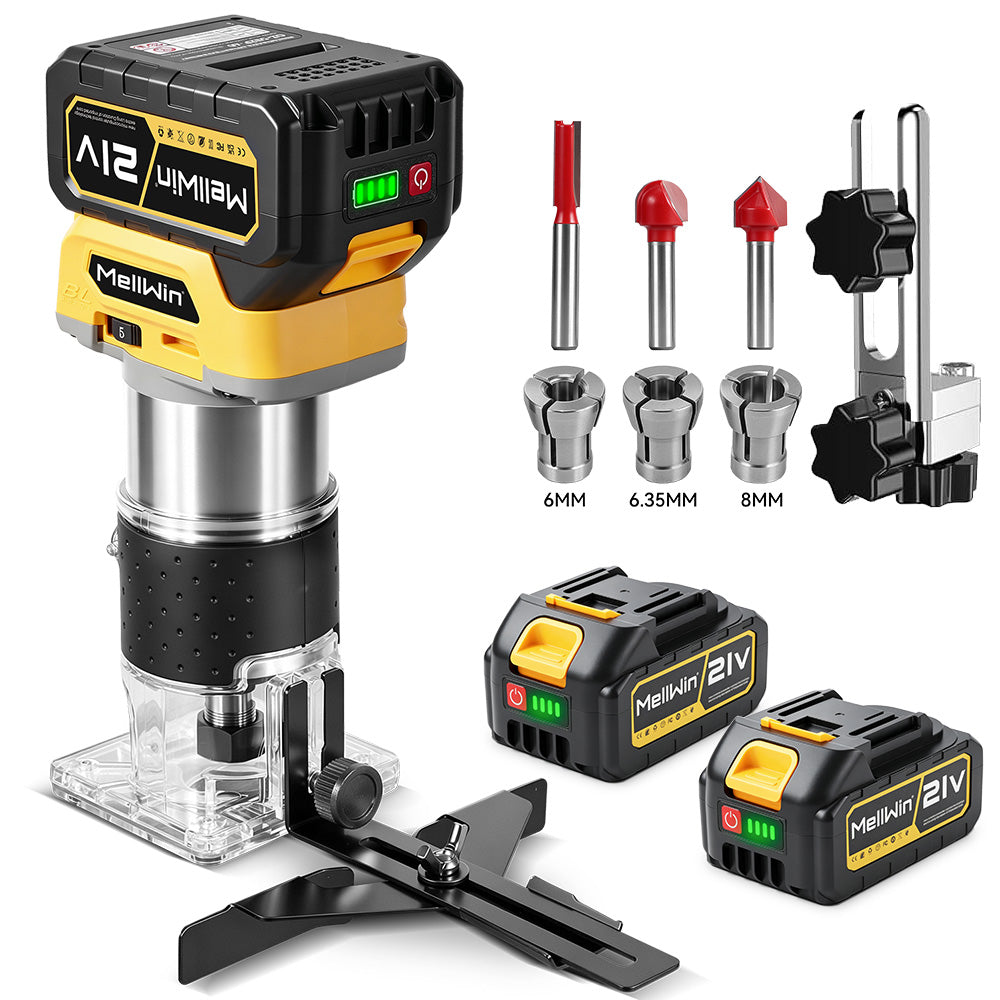 MellWin Brushless Cordless Palm Router, 5-Speed Wood Trimmer with 6/6.35/8mm Collets & LED Light