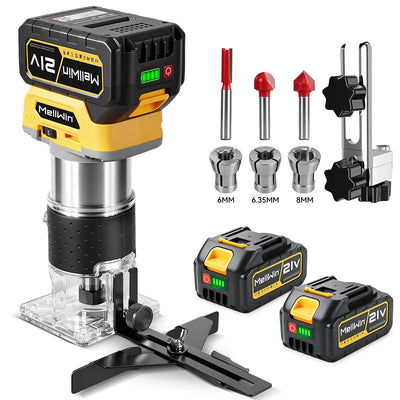 MellWin Brushless Cordless Palm Router, 5-Speed Wood Trimmer with 6/6.35/8mm Collets & LED Light