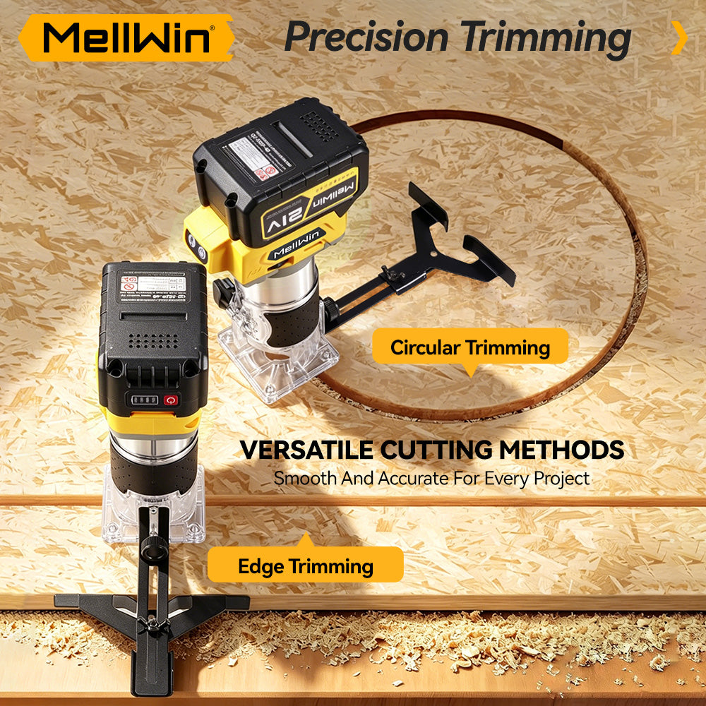 MellWin Brushless Cordless Palm Router, 5-Speed Wood Trimmer with 6/6.35/8mm Collets & LED Light