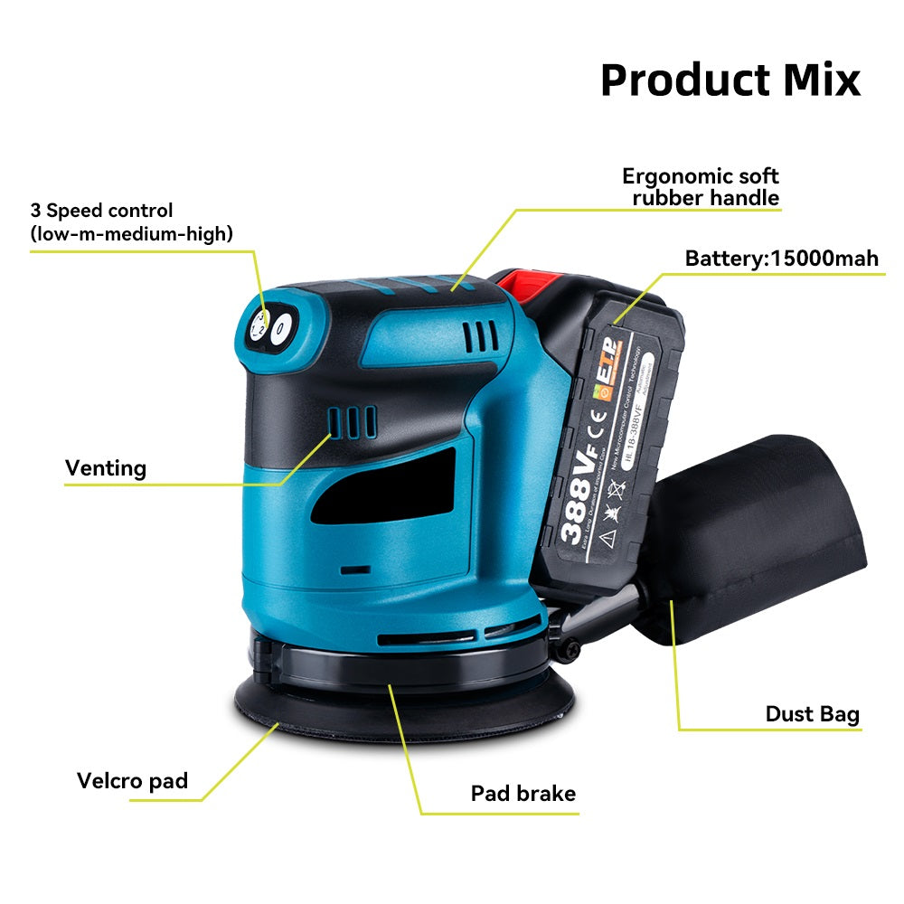 NewBeny 125mm 5 Inch Electric Sander Polisher 3 Gears Cordless Handheld For Makita 18V Battery