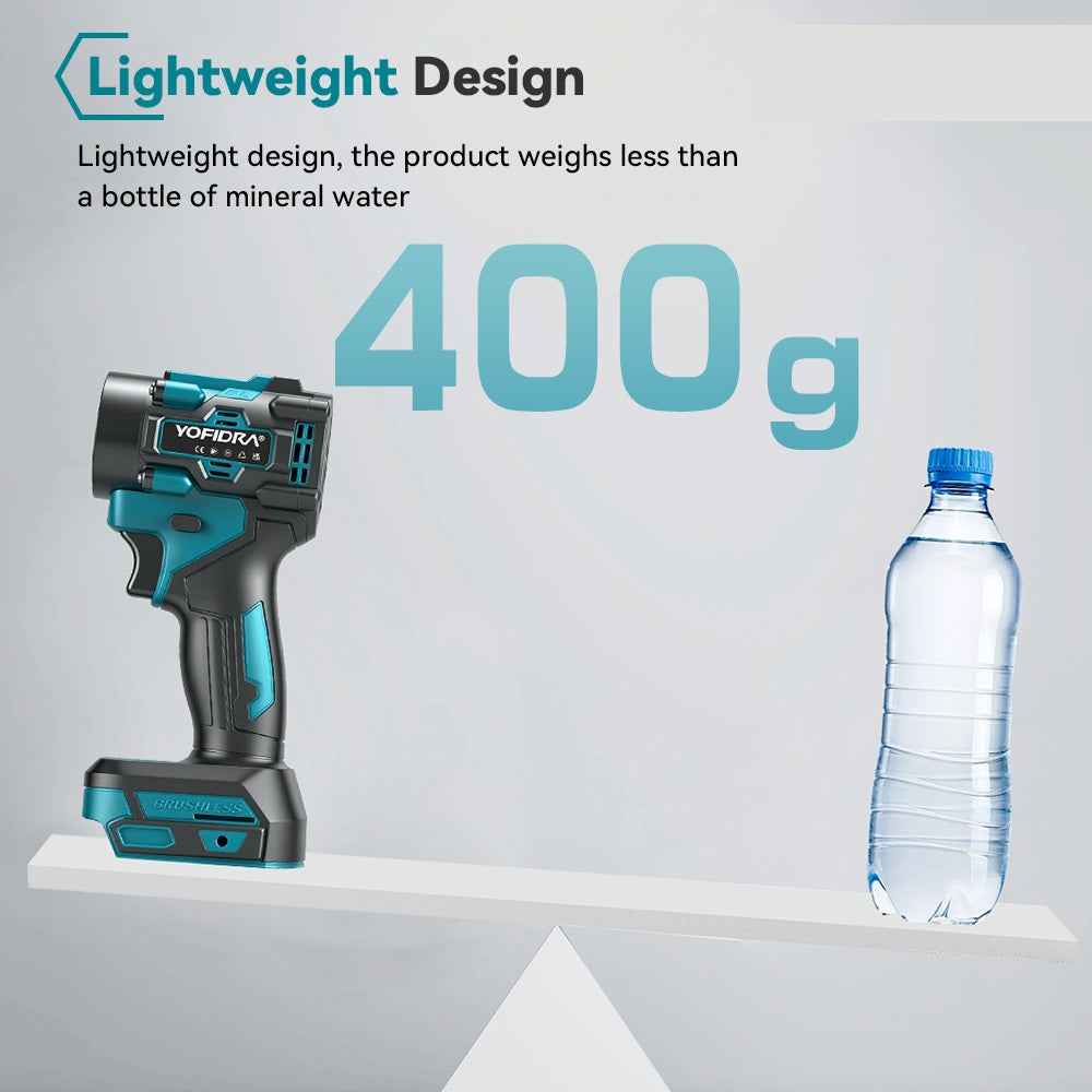 Newbeny power tool on a scale with a bottle of mineral water, indicating the tool's lightweight design.