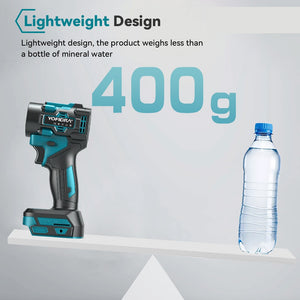 Newbeny power tool on a scale with a bottle of mineral water, indicating the tool's lightweight design.