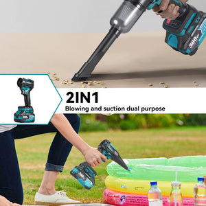 Power tool with dual functionality for blowing and suction cleaning, used outdoors.