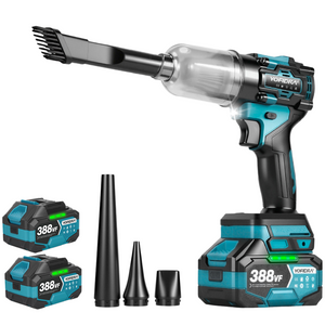 Portable cordless vacuum cleaner with attachments on a white background