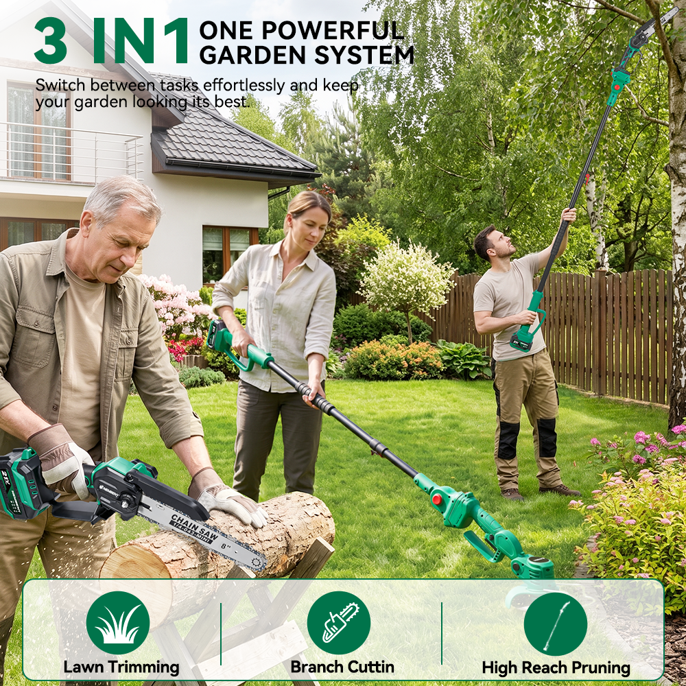3-in-1 Cordless Garden Tool Kit – 8" Brushless Chainsaw, 6" Grass Trimmer & 1.7m Extension Pole, 2×3.0Ah Batteries