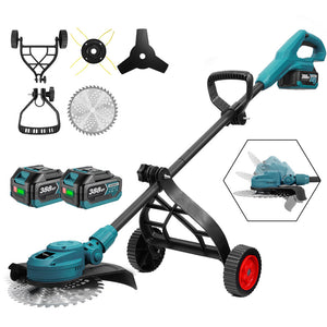 Gardening tool with attachments and batteries on a white background