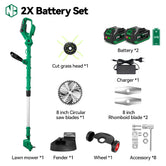 2X Battery Set with lawn mower, batteries, charger, and accessories on a white background