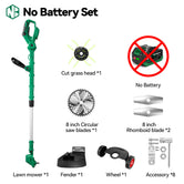 Lawn mower set with accessories on a white background, highlighting 'No Battery Set' feature.