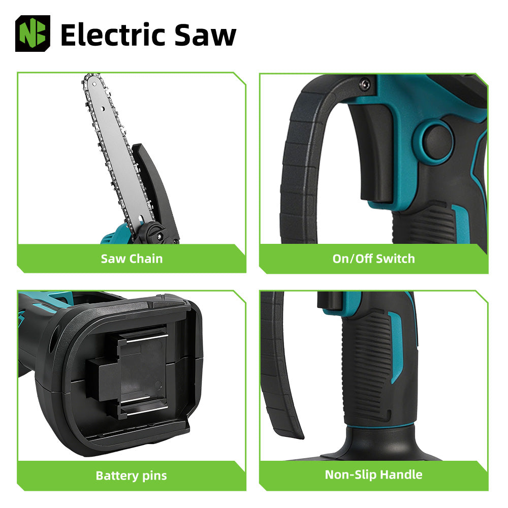 Electric saw with components labeled: saw chain, on/off switch, battery pins, and non-slip handle.