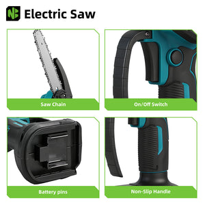 Electric saw with components labeled: saw chain, on/off switch, battery pins, and non-slip handle.