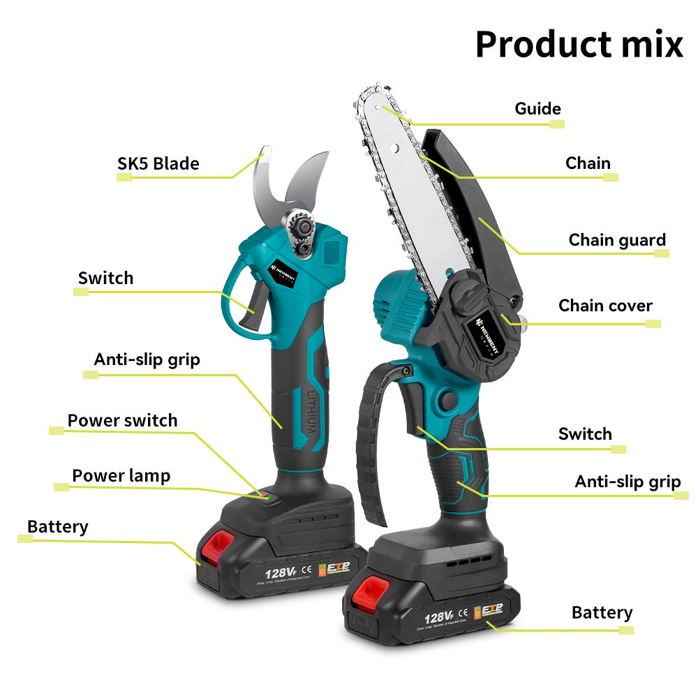 NewBeny Cordless 6" Chainsaw & 25mm Pruning Shears Combo Kit With 2 Batteries and Charger