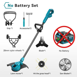Grass trimmer set with components and a battery icon indicating no battery set.